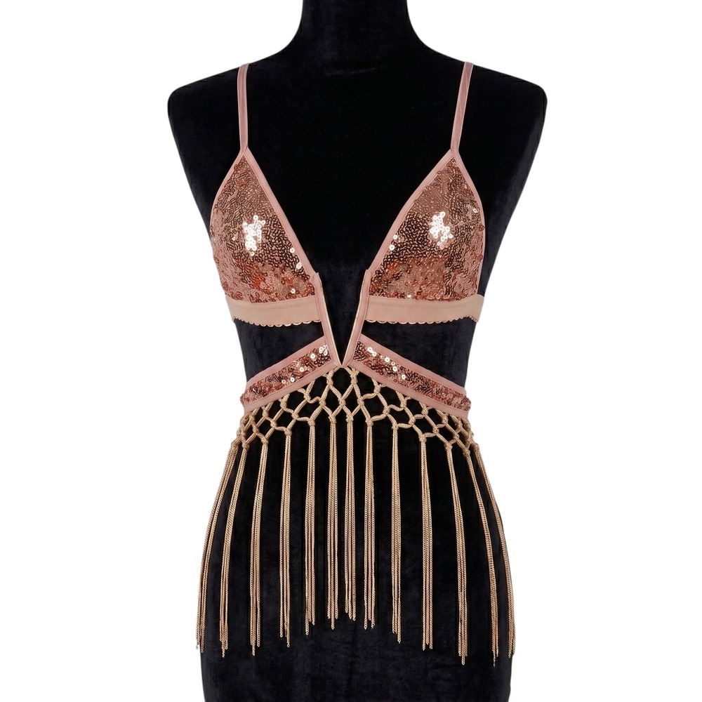 New XS Rose Gold Sequin Festival Bralette Body Macrame Fringe Rave Top